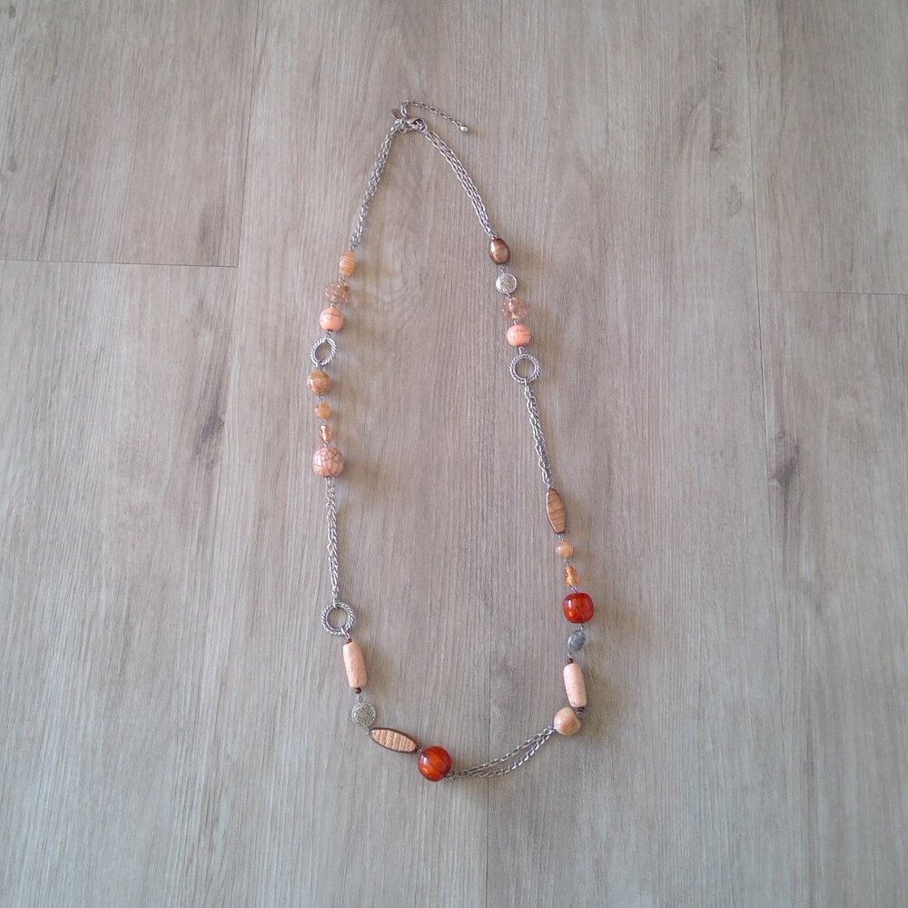 Chico's Silver Tone Necklace, Peach and Bronze colour beads
